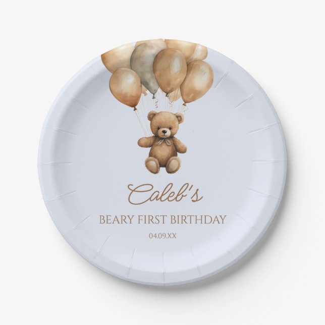 Boho Teddy Bear Beary First Birthday Party Paper Plate (Front)