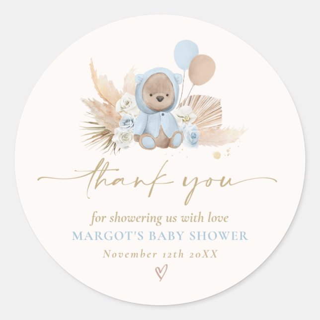 Boho Teddy Bear Blue Bearly Wait Baby Shower Favou Classic Round Sticker (Front)