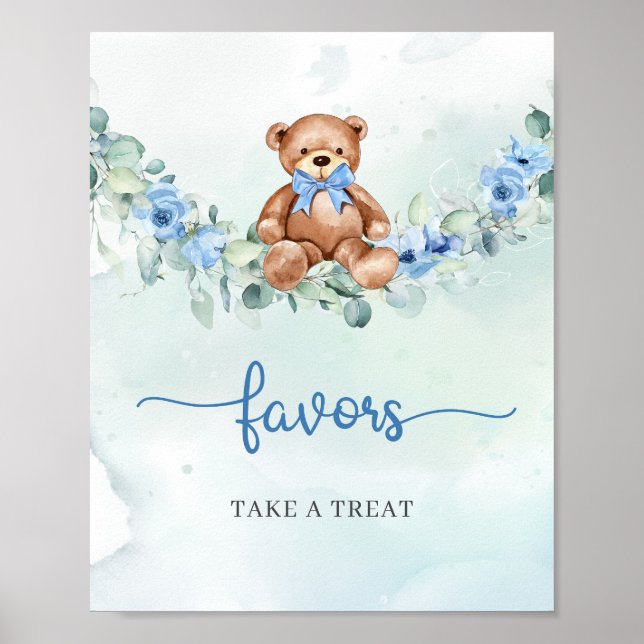 Boho Teddy bear blue floral eucalyptus favours Poster (Front)