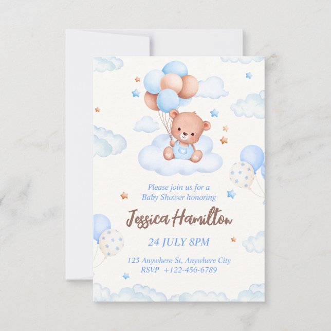 Boho Teddy Bear Boy Blue Baby Shower Invitation (Front)