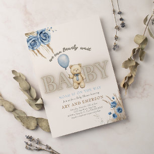 Boho Teddy Bear Boy Blue Bearly Wait Baby Invitation