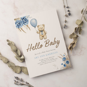Boho Teddy Bear Boy Blue Bearly Wait Baby Invitation
