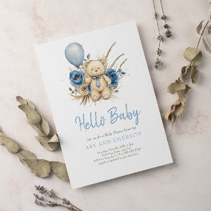 Boho Teddy Bear Boy Blue Bearly Wait Baby Invitation