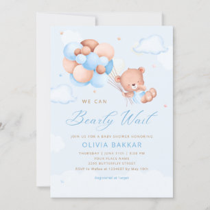 Boho Teddy Bear Boy Blue Bearly Wait Baby Shower I Invitation