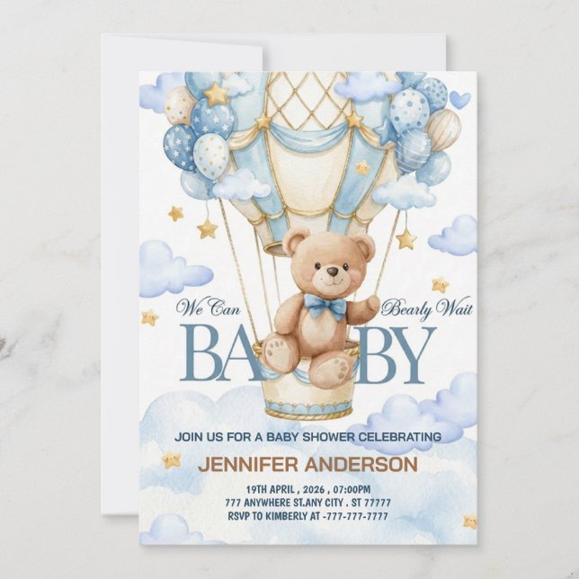Boho Teddy Bear Boy Blue Bearly Wait Baby Shower Invitation (Front)
