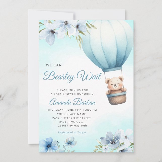 Boho Teddy Bear Boy Blue Bearly Wait Baby Shower  Invitation (Front)