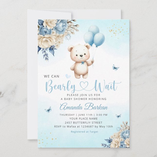 Boho Teddy Bear Boy Blue Bearly Wait Baby Shower  Invitation (Front)