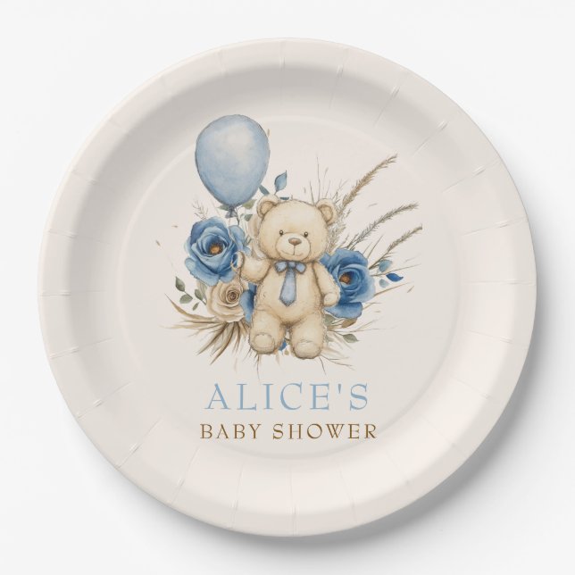 Boho Teddy Bear Boy Blue Bearly Wait Baby Shower Paper Plate (Front)