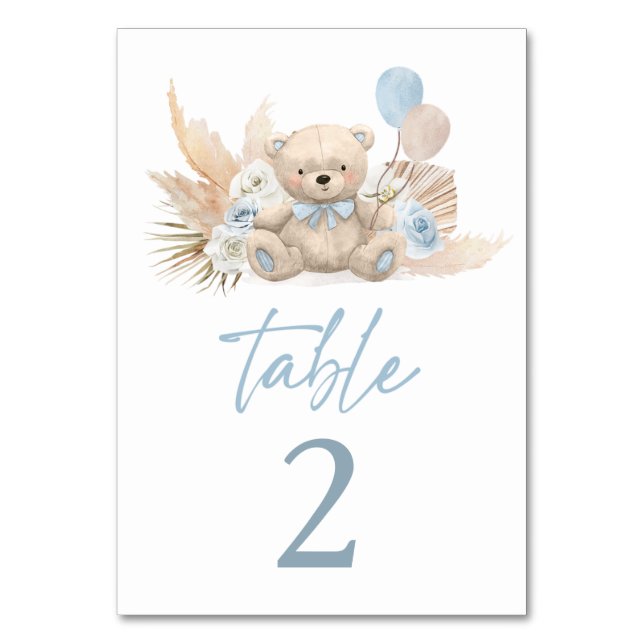 Boho Teddy Bear Boy Blue Bearly Wait Baby Shower Table Number (Front)