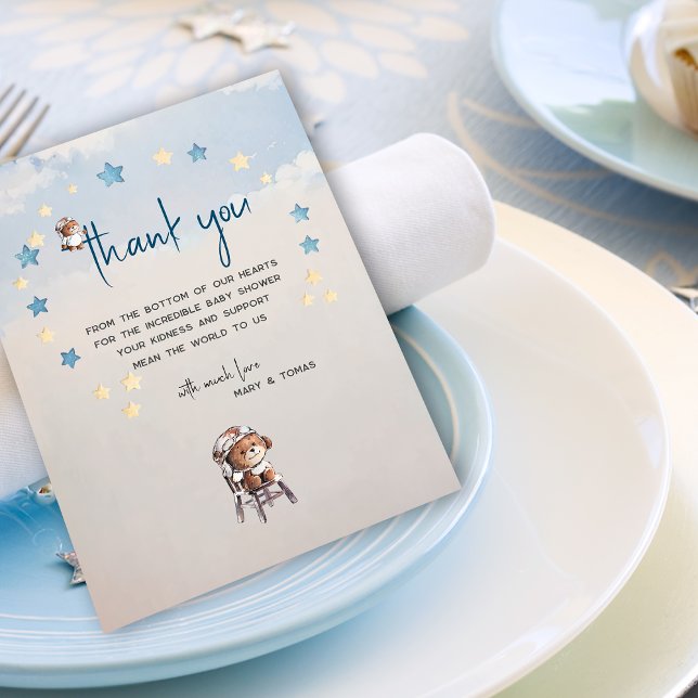 Boho Teddy Bear Boy Blue Bearly Wait Baby Shower Thank You Card (Creator Uploaded)