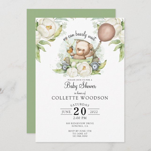 Boho Teddy Bear Brown Sage Green Bearly Wait Invit Invitation (Front/Back)