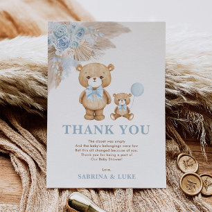 Boho Teddy Bear Dusty Blue Floral Baby Boy Thank You Card