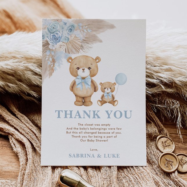 Boho Teddy Bear Dusty Blue Floral Baby Boy Thank You Card (Creator Uploaded)