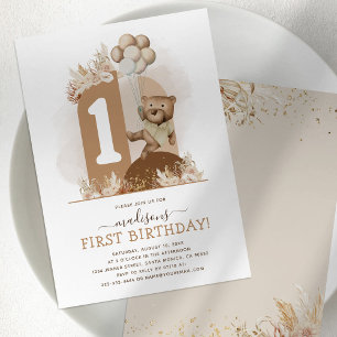 Boho Teddy Bear First Birthday Invitation