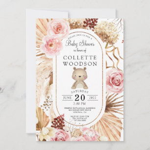 Boho Teddy Bear Floral Pink & Palmetto Baby Shower Invitation