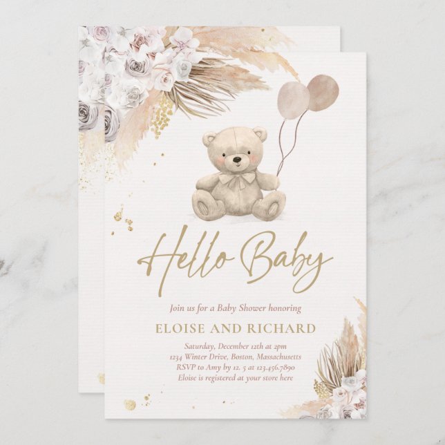 Boho Teddy Bear Gender Neutral Baby Shower Invitation (Front/Back)