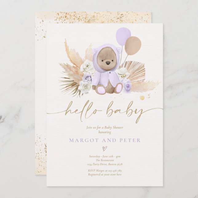Boho Teddy Bear Girl Lilac Bearly Wait Baby Shower Invitation (Front/Back)