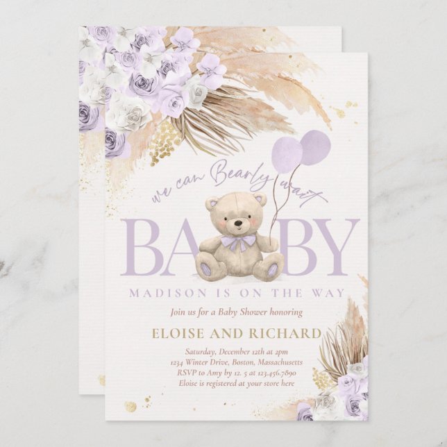 Boho Teddy Bear Girl Lilac Bearly Wait Baby Shower Invitation (Front/Back)