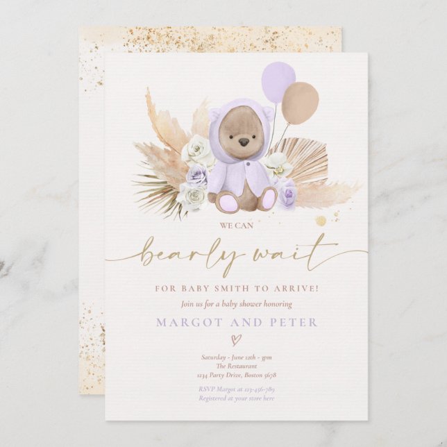 Boho Teddy Bear Girl Lilac Bearly Wait Baby Shower Invitation (Front/Back)