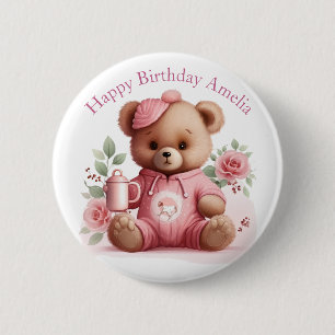 Boho Teddy Bear Girl Pink Bear Floral Birthday 6 Cm Round Badge