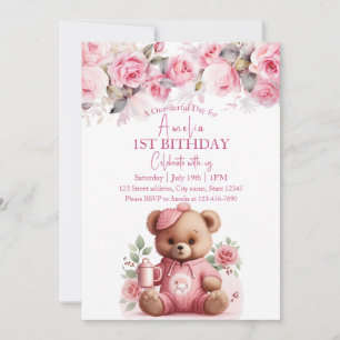 Boho Teddy Bear Girl Pink Bear Floral Birthday Invitation