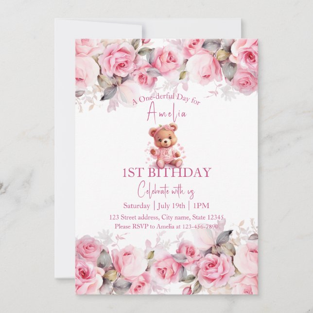 Boho Teddy Bear Girl Pink Bear Floral Birthday  Invitation (Front)