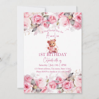 Boho Teddy Bear Girl Pink Bear Floral Birthday Invitation