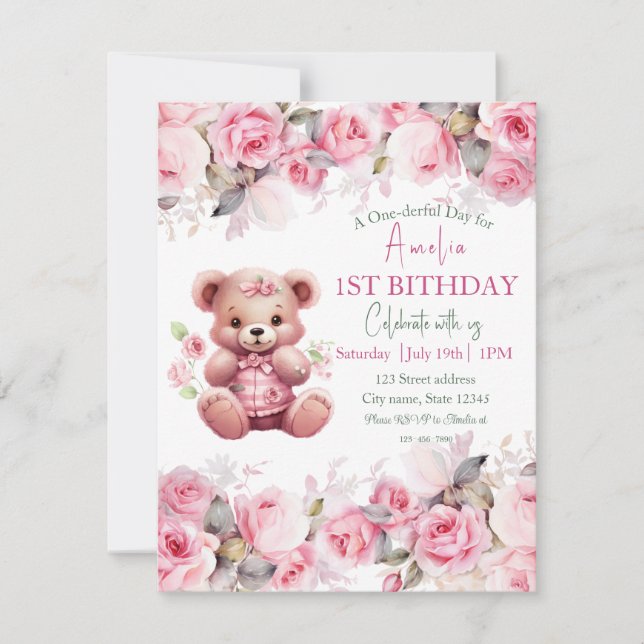 Boho Teddy Bear Girl Pink Bear Floral Birthday Invitation (Front)