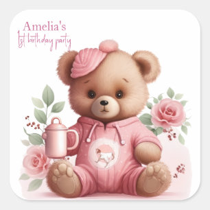 Boho Teddy Bear Girl Pink Bear Floral Birthday Square Sticker