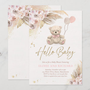 Boho Teddy Bear Girl Pink Bearly Wait Baby Shower Invitation