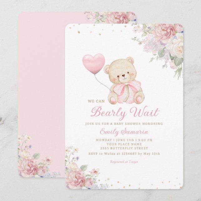 Boho Teddy Bear Girl Pink Bearly Wait Baby Shower Invitation (Front/Back)