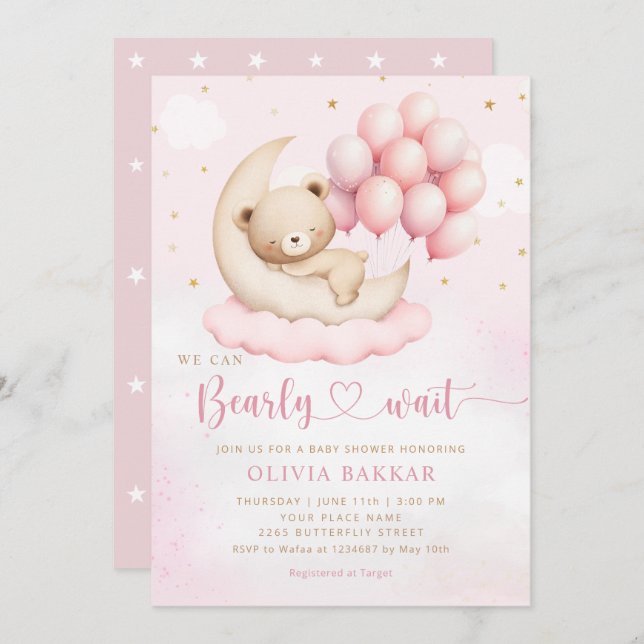 Boho Teddy Bear Girl Pink Bearly Wait Baby Shower Invitation (Front/Back)