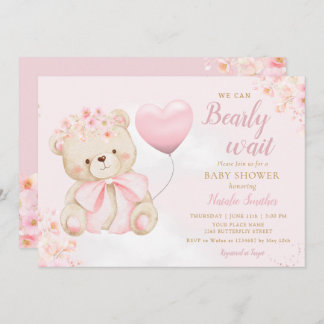 Boho Teddy Bear Girl Pink Bearly Wait Baby Shower Invitation