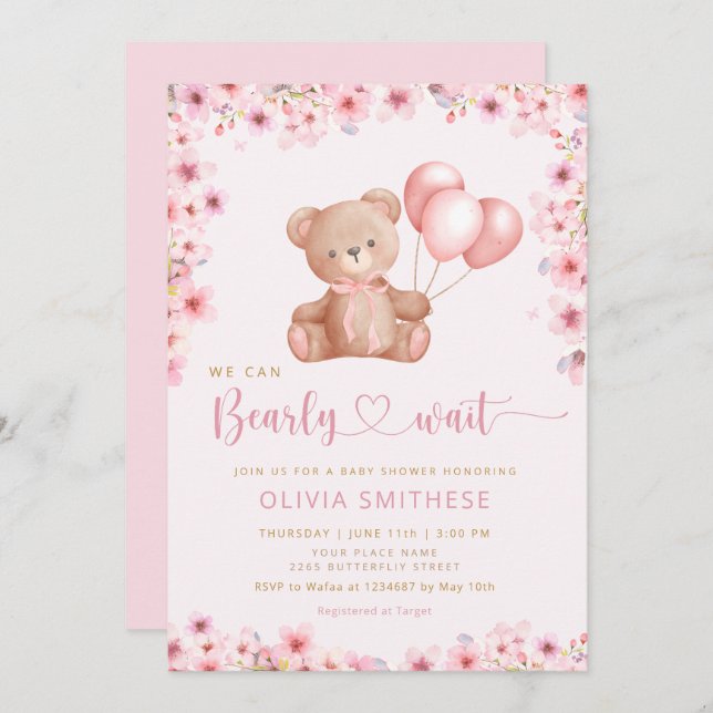 Boho Teddy Bear Girl Pink Bearly Wait Baby Shower Invitation (Front/Back)