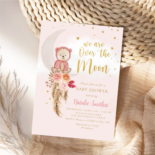 Boho Teddy Bear Girl Pink Bearly Wait Baby Shower Invitation (Creator Uploaded)