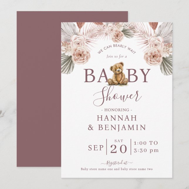 Boho Teddy Bear Girl Pink Bearly Wait Baby Shower  Invitation (Front/Back)
