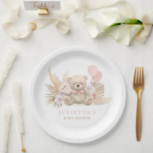 Boho Teddy Bear Girl Pink Bearly Wait Baby Shower Paper Plate
