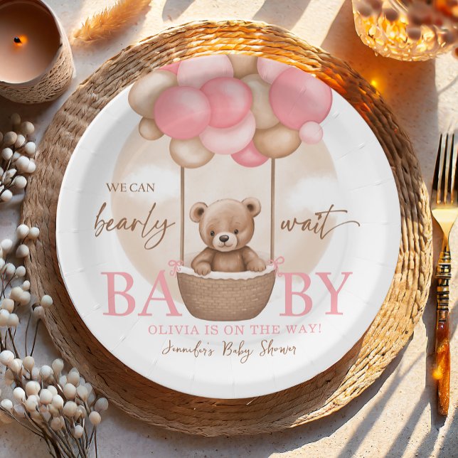 Boho Teddy Bear Girl Pink Bearly Wait Baby Shower  Paper Plate (Creator Uploaded)