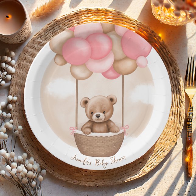 Boho Teddy Bear Girl Pink Bearly Wait Baby Shower  Paper Plate (Creator Uploaded)