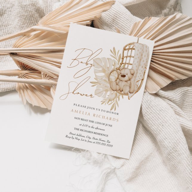 Boho Teddy Bear Neutral Baby Shower Invitation (Creator Uploaded)