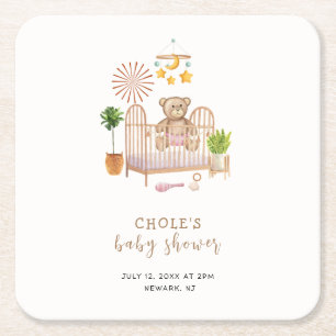 Boho Teddy Bear Nursery Baby Shower  Square Paper Coaster