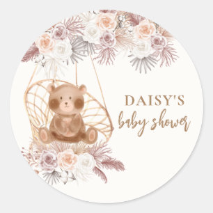 Boho Teddy Bear Pampas Flower Baby Shower  Classic Round Sticker