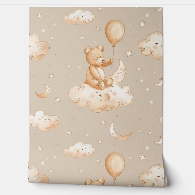 Boho Teddy Bear Pattern Baby Nursery Room  Wallpaper (Unrolling)