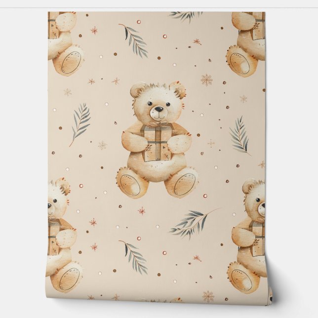 Boho Teddy Bear Pattern Baby Nursery Room  Wallpaper (Unrolling)