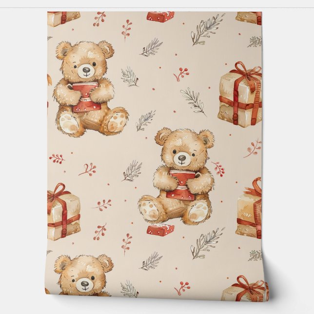 Boho Teddy Bear Pattern Baby Nursery Room  Wallpaper (Unrolling)