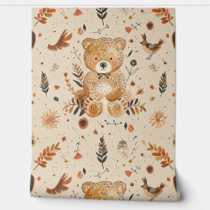 Boho Teddy Bear Pattern Baby Nursery Room Wallpaper