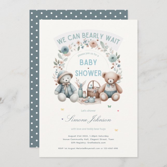 Boho Teddy Bear Picnic Baby Shower Themed Boys Invitation (Front/Back)