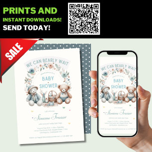 Boho Teddy Bear Picnic Baby Shower Themed Boys Invitation