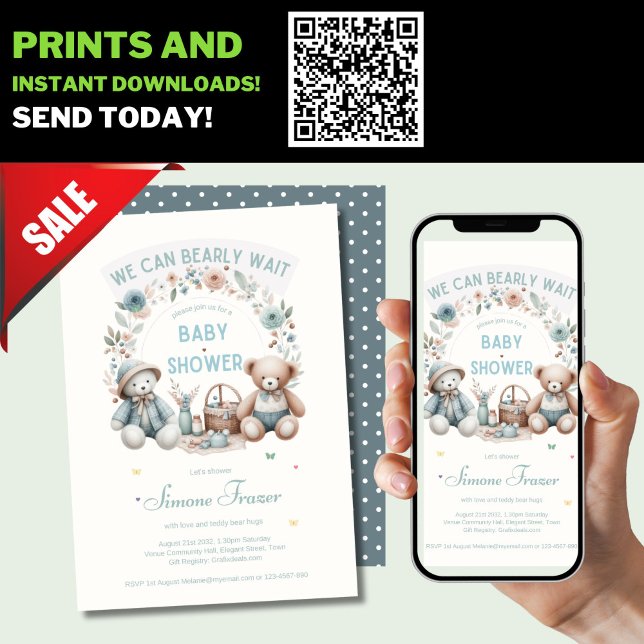 Boho Teddy Bear Picnic Baby Shower Themed Boys Invitation (Creator Uploaded)