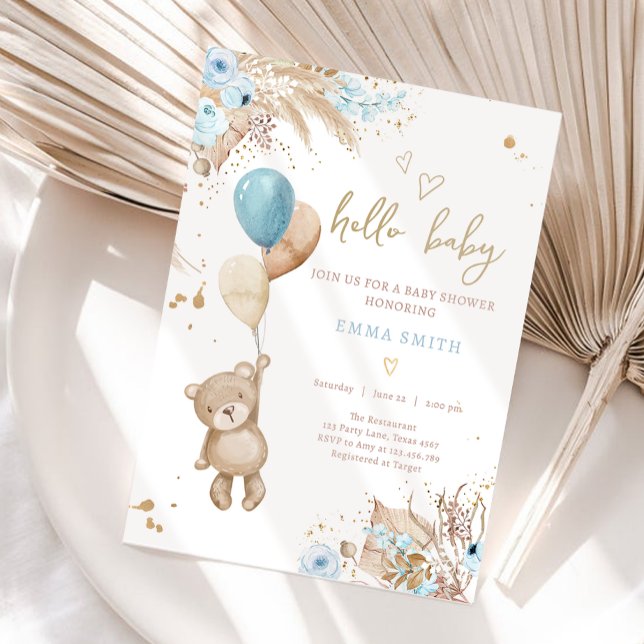 Boho Teddy Bear Picnic Boy Blue Baby Shower Invitation (Creator Uploaded)